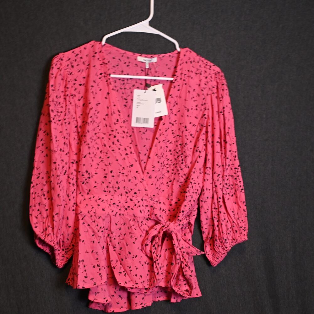 NEW Ganni Barra Women's EU34 (US 4) Crepe Wrap Blouse Hot Pink NWT